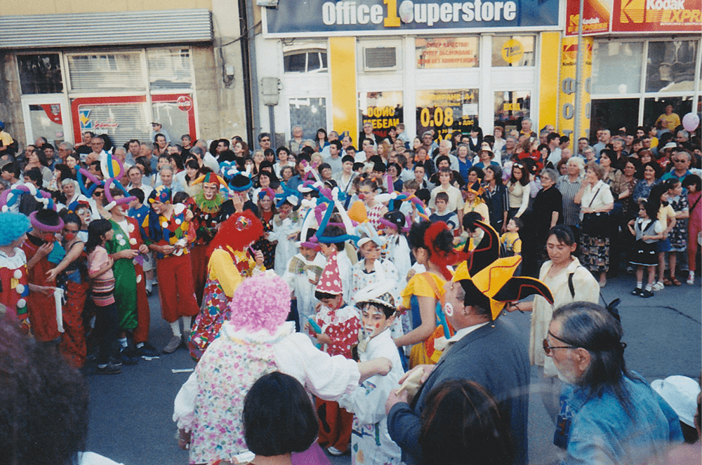 Group of people dressed as clowns